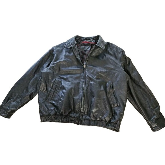 VTG St. Johns Bay Black Genuine Leather Bomber Jacket, Size XL, Vintage - Picture 1 of 9